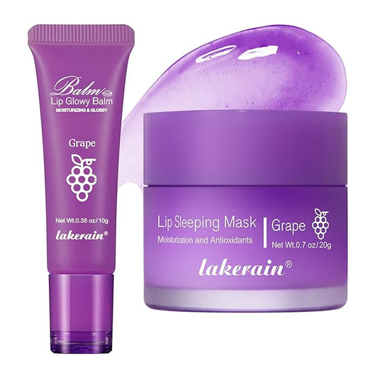 2Pcs Lip Glowy Balm and Lip Sleeping Mask Set, with 4 Flavor Options - Reduce Lip Lines, Enhance Lip Color, Hydrate & Plump Dry Chapped Lips Care (Grape)-FemmiqueWomen