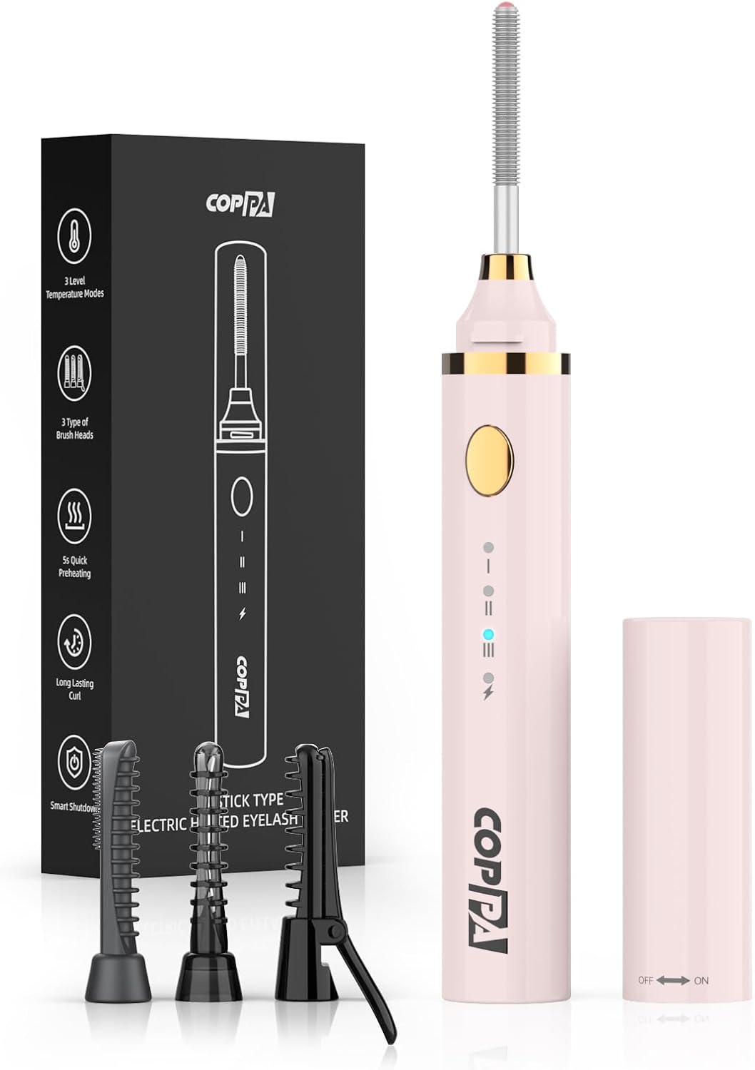 COPPA Electric Lash Curler, LP-1 Lipstick Type 3-in-1 Heated Eyelash Curler with 3 Brush Heads 3 Curling Modes and 3 Temp & 5s Quick Heat-up, Perfect for Beginners and Makeup Pros, Pink-FemmiqueWomen