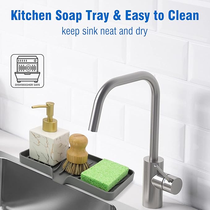 3-Pack Silicone Soap Dish, Sponge Holder for Sink, Kitchen Soap Tray, Bathroom Soap Holder, Sponge Tray with Drain (Grey)-FemmiqueWomen