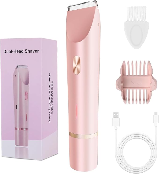 2-in-1 Bikini Trimmer for Women, Bikini Shaver with Dual Heads, Painless Body and Facial Hair Removal, Rechargeable Cordless Electric Razors for Face Chin Pubic Underarm Legs, IPX7 Waterproof, Pink-FemmiqueWomen