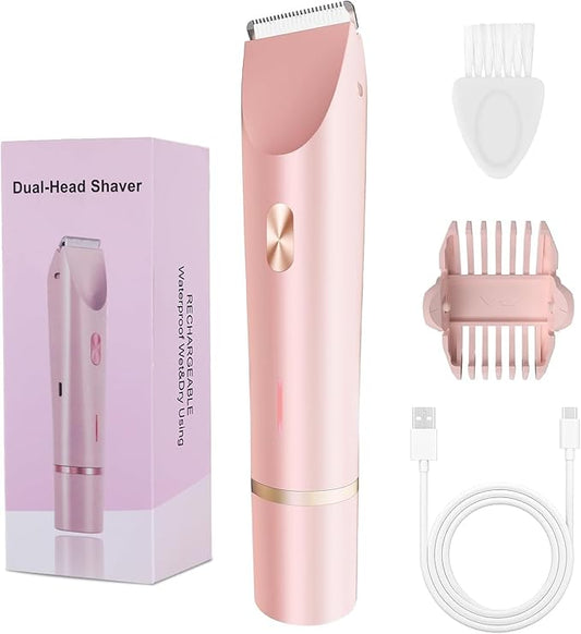 2-in-1 Bikini Trimmer for Women, Bikini Shaver with Dual Heads, Painless Body and Facial Hair Removal, Rechargeable Cordless Electric Razors for Face Chin Pubic Underarm Legs, IPX7 Waterproof, Pink-FemmiqueWomen