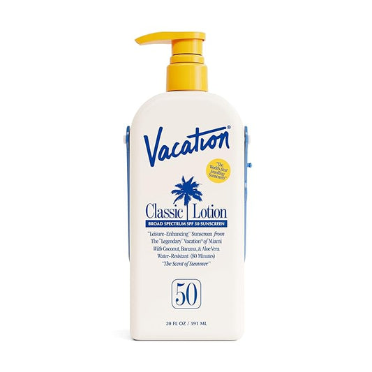Vacation Classic Lotion SPF 50 Sun Jug, Broad Spectrum Bulk Sunscreen SPF 50, Water Resistant Sunblock, Suntan Lotion with Pump, Vegan, Family-Size, 20 Fl. Oz.-FemmiqueWomen
