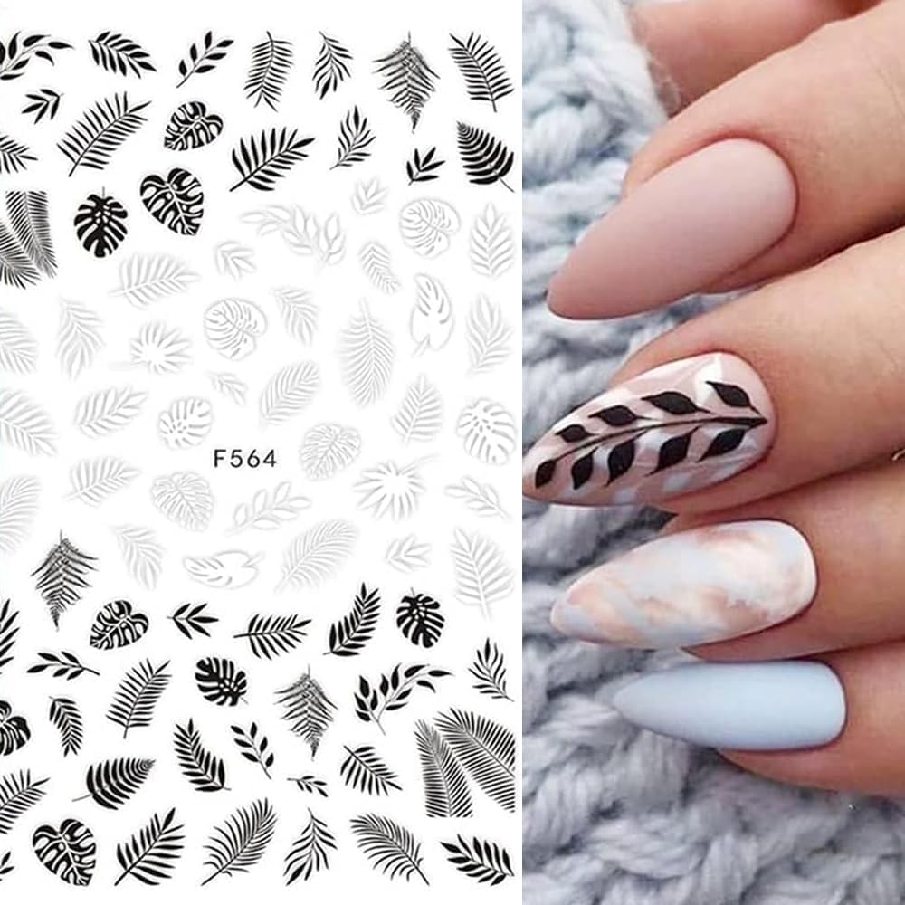 10 Sheets Black White Leaves Flower Nail Art Stickers 3D Self-Adhesive Retro Floral Vine Pattern Nail Decals Tropical Plants Mandala Leaf Geometry Transfer Decals Nail Art Decorations for Women Girls-FemmiqueWomen