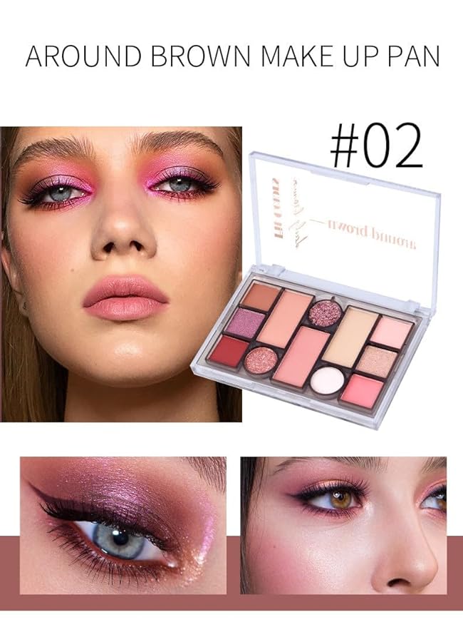 12 Colors Pink Eyeshadow Palette, Mini All in One Blush, Eyebrow & Eye Makeup Kit, Highly Pigmented Matte & Shimmer Shades, Big Artist Comprehensive Facial Makeup, Travel Friendly (02)-FemmiqueWomen