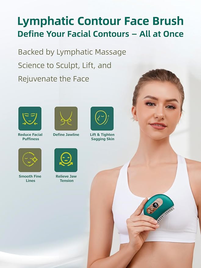 Lymphatic Contour Face Brush – Face Massager for Lymphatic Drainage, Double Chin Reducer, and Facial Sculpting – Gentle Vibrating Lymphatic Drainage Tool for Jawline & Puffiness - Green-FemmiqueWomen