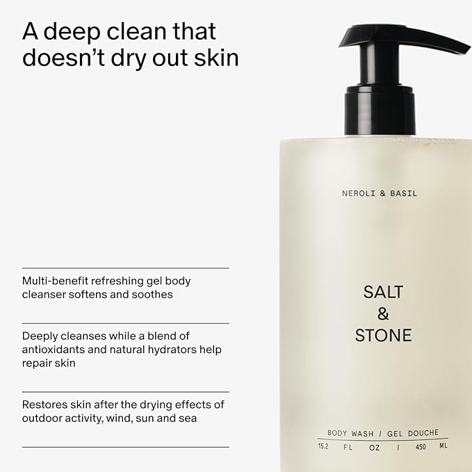 Salt & Stone Body Wash for Women & Men | Neroli & Basil | Hydrating Gel Cleanser | Clean & Soften Skin | Made with Niacinamide & Hyaluronic Acid | Free From Parabens, Sulfates & Pthalates (15.2 fl oz)-FemmiqueWomen