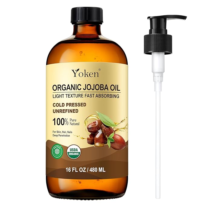 Yoken Organic Jojoba Oil Glass Bottle 16 fl oz, USDA Certified 100% Pure & Natural Jojoba Oil for Hair, Skin & Face, Cold Pressed Unrefined Hexane Free, Deeply Moisturizing Body Serum for Gua Sha-FemmiqueWomen