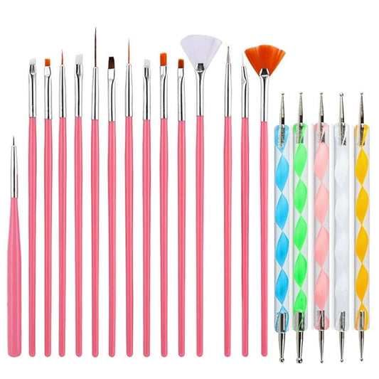 20pcs Nail Art Brushes Set, Nail Art Design Pen Painting Tools with Nail Extension Gel Brush, Nail Polish Brush, Builder Nail Gel Brush, Dotting needle,Adhesive drill pen (PinkFlower)-FemmiqueWomen