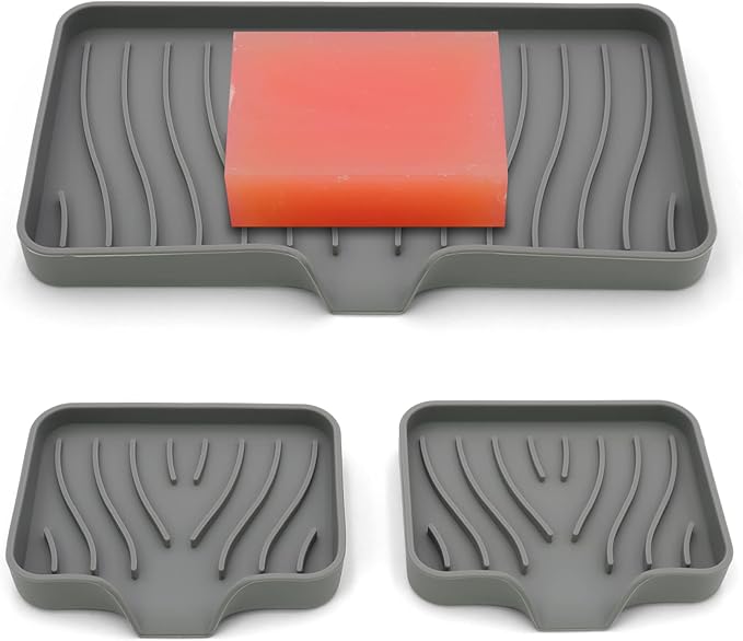 3-Pack Silicone Soap Dish, Sponge Holder for Sink, Kitchen Soap Tray, Bathroom Soap Holder, Sponge Tray with Drain (Grey)-FemmiqueWomen