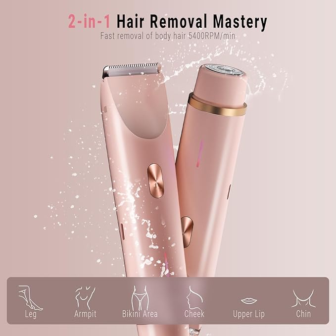 2-in-1 Bikini Trimmer for Women, Bikini Shaver with Dual Heads, Painless Body and Facial Hair Removal, Rechargeable Cordless Electric Razors for Face Chin Pubic Underarm Legs, IPX7 Waterproof, Pink-FemmiqueWomen