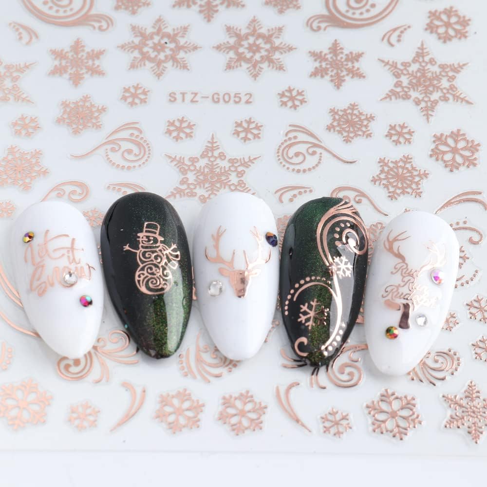 JMEOWIO 9 Sheets Christmas Nail Art Stickers Decals Self-Adhesive Pegatinas Uñas Navidad Rose Gold Winter Holiday Xmas Snowflake Nail Supplies Nail Art Design Decoration Accessories-FemmiqueWomen