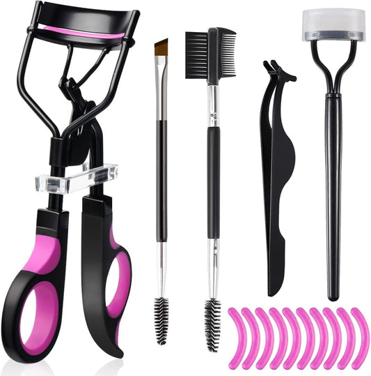 Eyelash Curlers Eyebrow Brush Kit for Women w Lash Curler, Eyelash Comb Seperator, Mascara Brushes, Eyelash Extension Tweezers, Angled Eyebrow Brush and Comb, 10 Silicone Refills Pads for Lash & Brow-FemmiqueWomen