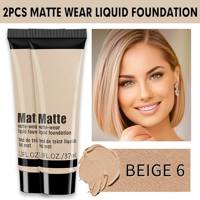 2 Pack Liquid Foundation Cream for Face Makeup,Durable Full Coverage Matte Concealer Make Up,Oil Control & Waterproof Base Primer -1+1 Fl.Oz-BEIGE 6#-FemmiqueWomen