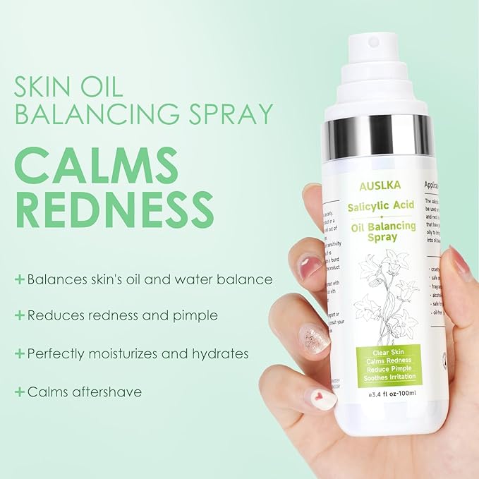 AUSLKA Salicylic Acid Oil Balancing Spray with 2% Salicylic Acid Regulates Skin Balance for Pimple and Oily Skin, Fruit Acid Spray for Face & Body (3.4 Fl Oz)-FemmiqueWomen