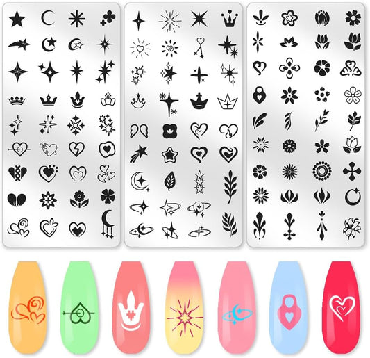 3Pcs Flowers Leaves Nail Stamping Plate Set Stars Moon Hearts Planets Nail Stamp Templates Stainless Steel DIY Reusable Tools with Stamper Scraper for Manicure Printing-FemmiqueWomen