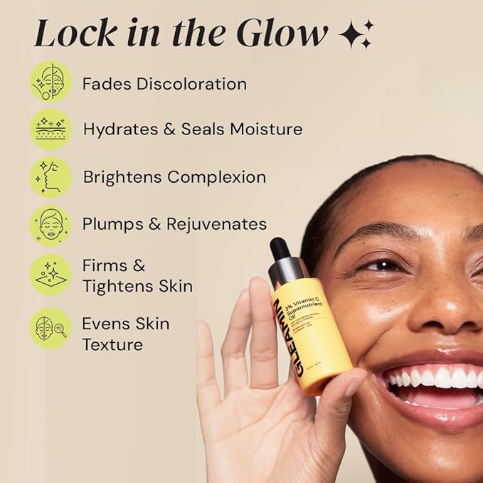 Gleamin Brightening Face Oil with Vitamin C & E, Turmeric, Jojoba & Cloudberry | Hydrating Facial Oil for Radiant Glow, Dark Spots, Fine Lines & Uneven Tone | Skin Brightening for Women & Men, 1 Fl Oz-FemmiqueWomen