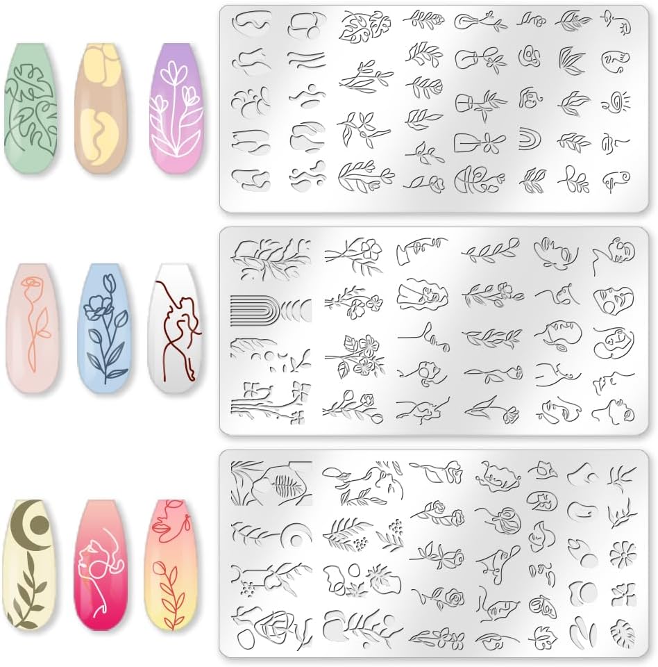 3Pcs Abstract Boho Nail Stamping Plate Set Nail Stamp Templates French Line Tip Lady Face Leaf Floral Metal Reusable Tools with Stamper Scraper for Manicure Printing-FemmiqueWomen