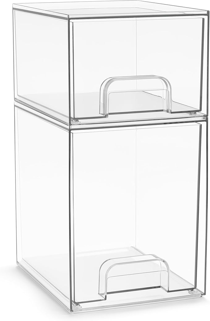 Sorbus Acrylic Storage Containers - 2 Pack, Stackable Storage Bins Set for Bathroom Organization - Clear Acrylic Drawer Organizers - Makeup Case Pull-Out Drawers (7.6’’ and 4.4’’ Tall)-FemmiqueWomen