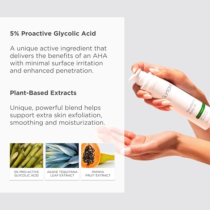 Glytone Resurfacing Body Oil– Nourishing & moisturizing anti aging Body Oil for dry Skin & Keratosis Pilaris –5% Proactive Glycolic Acid After Shower oil for Body–Unscented, Non Toxic 4 Fl oz-FemmiqueWomen