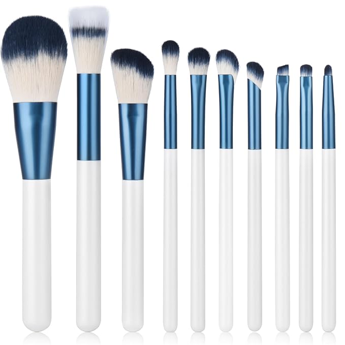 Makeup Brushes Set With Case 10Pcs White Makeup Brush Kit Foundation Eyeshadow Powder Blending Kabuki Eyebrow Eyelash Brushes Cosmetic Brush Travel Kit Gift (White+Blue)-FemmiqueWomen