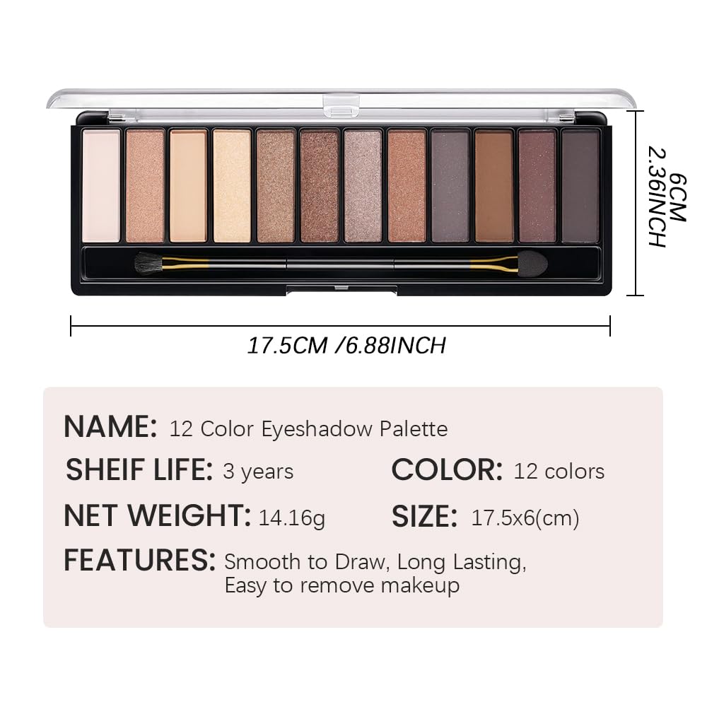12 Colors Eyeshadow Palette – Neutral Warm Tone Matte & Glitter Eye Makeup Palette, High Pigment Waterproof Eyeshadow Kit for Women – Blendable Natural Brown, Nude, Rose Gold Shimmer Makeup 01#-FemmiqueWomen