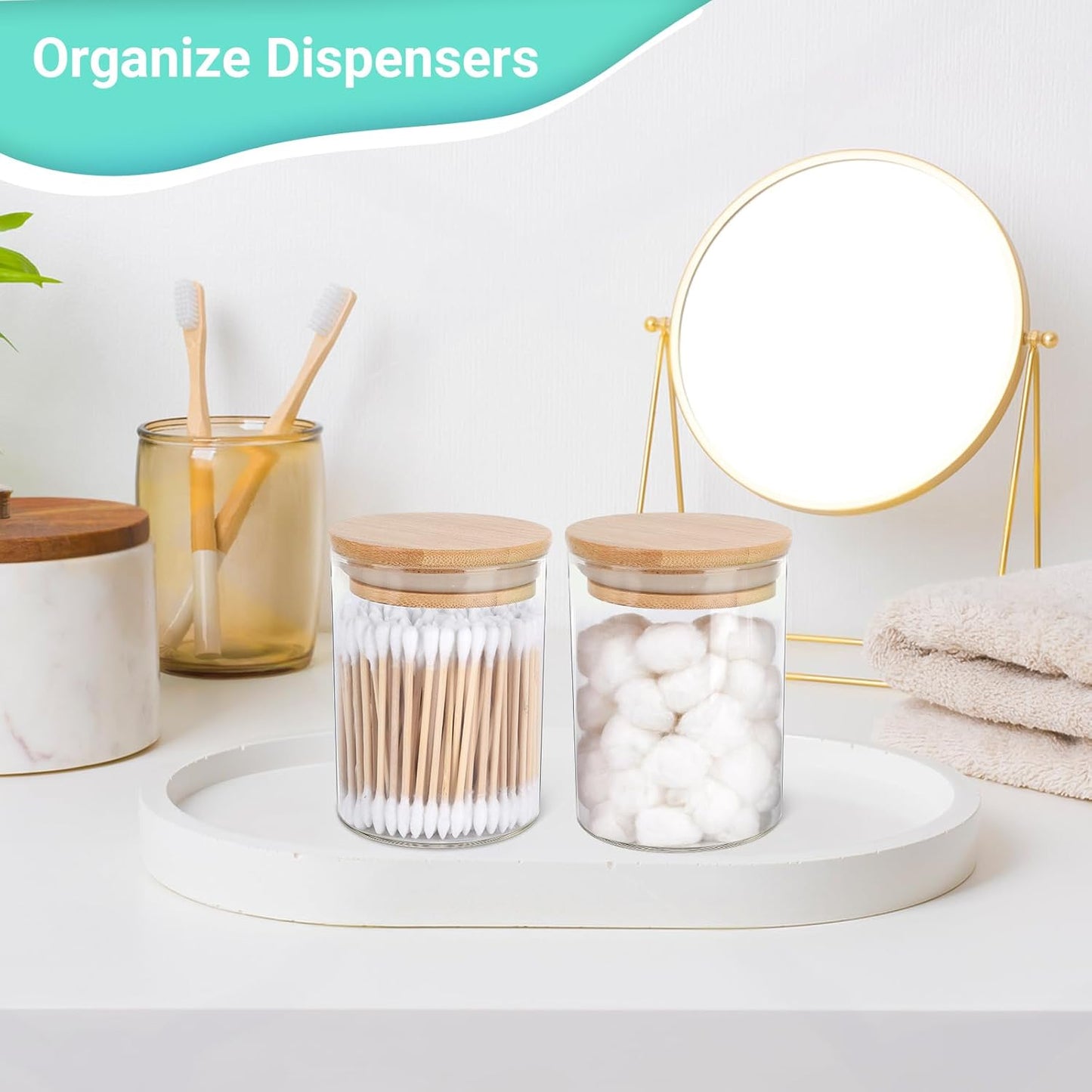 2 Pack Glass Qtip Holder Dispenser Set - Apothecary Jars with Lids for Vanity Makeup Organizer - Bathroom Canister Storage Organizer for Cotton Ball, Swab, Round Pads,Floss-FemmiqueWomen