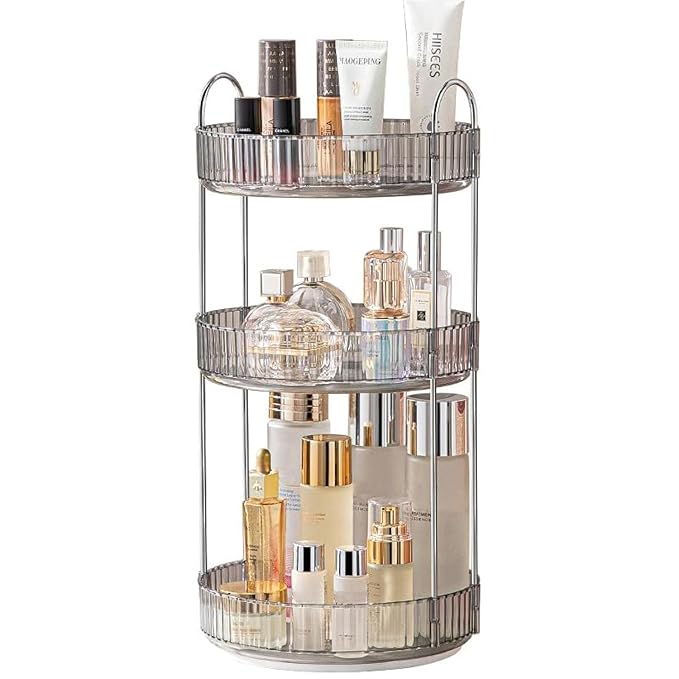 Makeup Organizer for Vanity, 360° Rotating Bathroom Organizer Countertop, High-Capacity Skincare Organizer, Spinning Cosmetics Organizer for Dresser Countertop (3 Tiers, Grey)-FemmiqueWomen