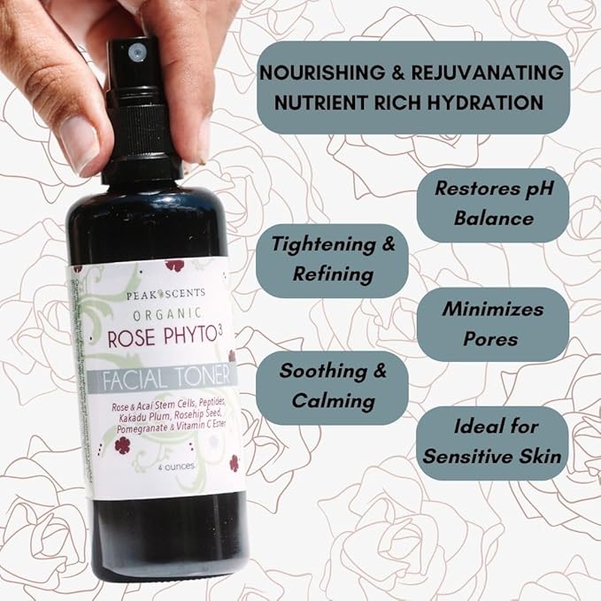 Organic Phyto³ Rose Water Facial Toner Spray - Pure Rosewater for Face, with Acaí and Herbal Extracts - Eco-Friendly and Vegan - Hydrating Rose Water Organic Face Spray (4 oz)-FemmiqueWomen