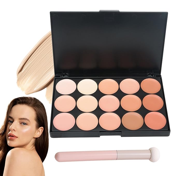 15 Colors Cream Contour Palette,Lightweight Concealer Full Coverage Contouring Liquid Foundation Palette,Multi-use Blendable Color Corrector Concealer Palette with Makeup Sponge-FemmiqueWomen