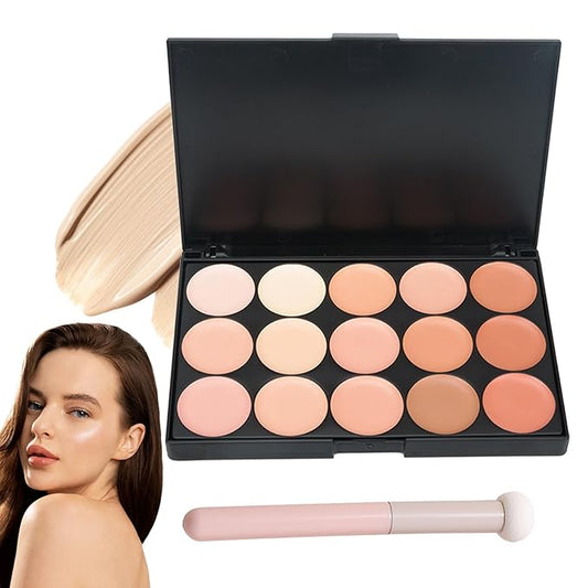 15 Colors Cream Contour Palette,Lightweight Concealer Full Coverage Contouring Liquid Foundation Palette,Multi-use Blendable Color Corrector Concealer Palette with Makeup Sponge-FemmiqueWomen