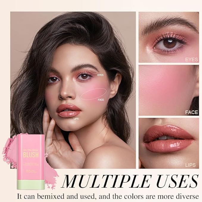 3-in-1 Cream Blush Stick for Cheeks Lips Eyes, Waterproof Natural Finish Tinted Makeup Stick, Hydrating Multi-Use Blush Balm-FemmiqueWomen