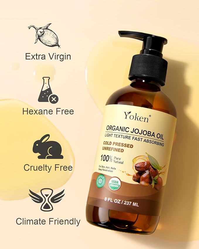Yoken Organic Jojoba Oil Glass Bottle 8 fl oz, USDA Certified 100% Pure & Natural Jojoba Oil for Hair, Skin & Face, Cold Pressed Unrefined Hexane Free, Deeply Moisturizing Body Serum Oils for Gua Sha-FemmiqueWomen