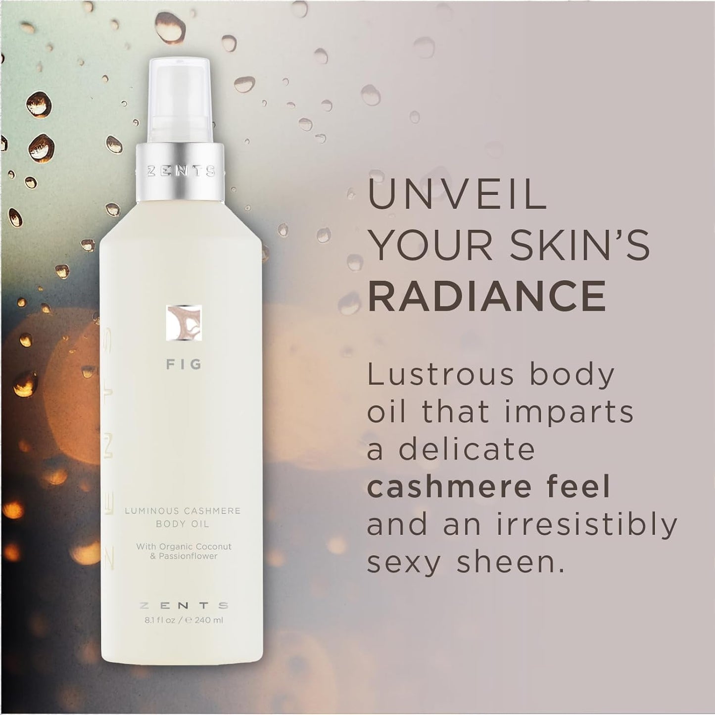 Zents Luminous Cashmere Body Oil (Fig Fragrance) | Moisturizing Body Oil with Vitamin E & Organic Coconut Oil | Softens & Smooths Skin | 8 fl oz-FemmiqueWomen