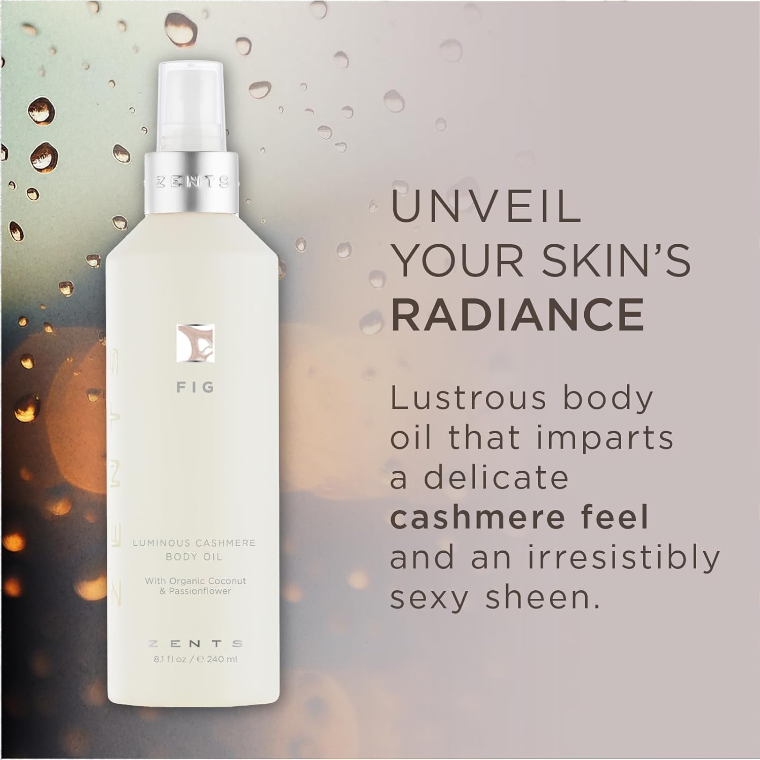 Zents Luminous Cashmere Body Oil (Fig Fragrance) | Moisturizing Body Oil with Vitamin E & Organic Coconut Oil | Softens & Smooths Skin | 8 fl oz-FemmiqueWomen