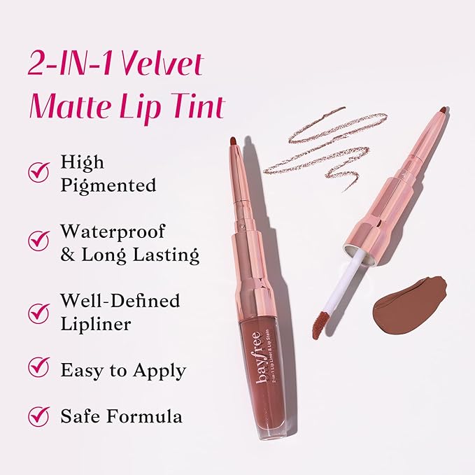 2-IN-1 Lip Liner and Lip Stain, High Pigmented Long Lasting Velvet Lip Tint, Well-Defined Lipliner, Weightless Waterproof Not Animal Tested, Matte Finish Makeup-FemmiqueWomen