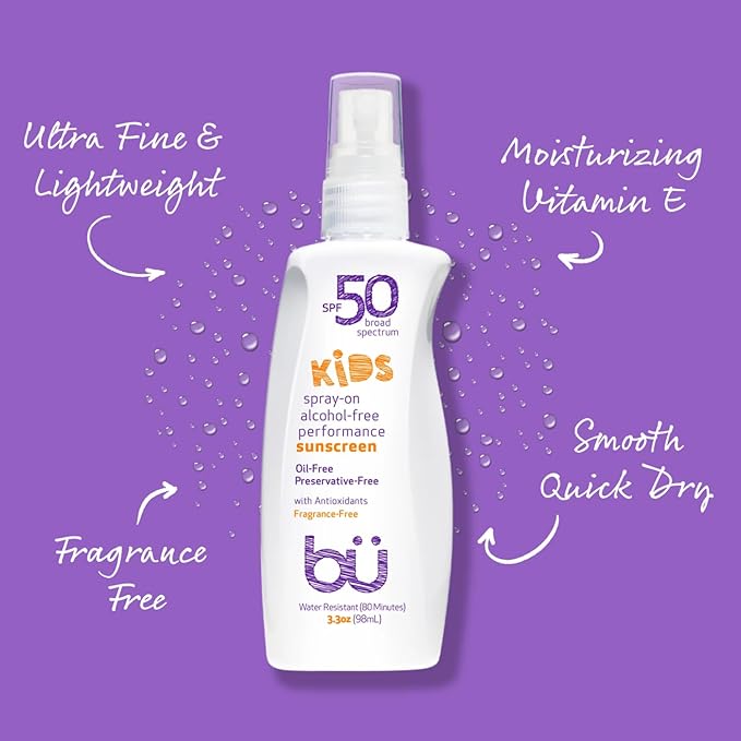 BU SPF 50 Fragrance Free Kids Sunscreen Spray for Face and Body, TSA Travel Size Sunscreen, Clear Non Aeorsol Spray, Non Greasy, Water Resistant and Oil Free, 3.3 oz and 1 oz (2-Piece Bundle)-FemmiqueWomen