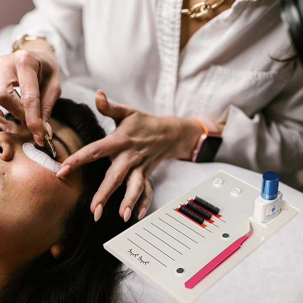 Grafting False Eyelash Acrylic Extension Pallet, Eyelash Extension Glue Tweezers Plate Pad Makeup Palette Individual Training Tools (White (7.87x5.12in))-FemmiqueWomen