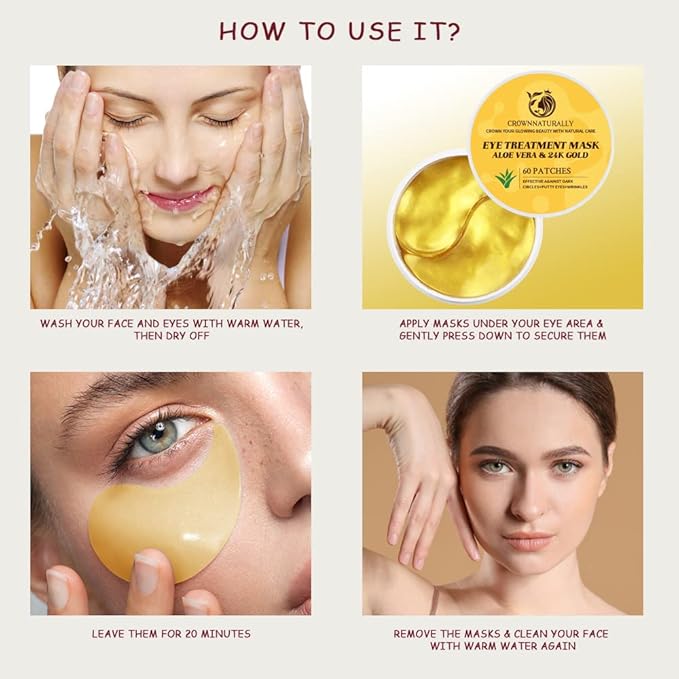 120PCS Under Eye Patches 24K Gold Eye Mask with Aloe Vera Natural Ingredients, Moisturizing Skin Care with Hyaluronic Acid and Collagen for Anti-Wrinkle, for Dark Circles and Puffiness-FemmiqueWomen