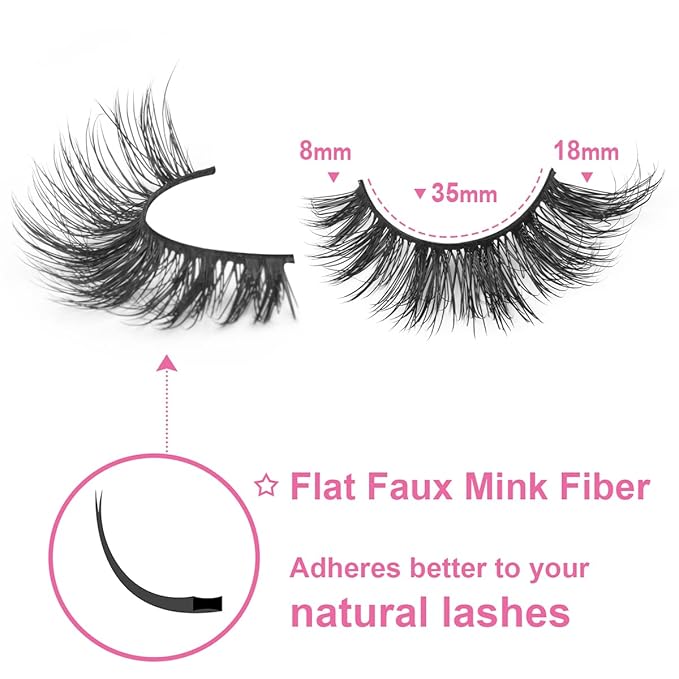 Mink Lashes False Eyelashes Natural Look Wispy Cat Eye Flat Lashes 3D Mink Lashes Natural Fake Lashes 18mm Strip Lashes Pack 7 Pairs-FemmiqueWomen