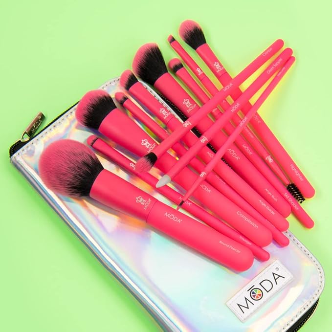 MODA Totally Electric Neon Full Face Makeup Brush Kit – 13pc Vibrant Brush Set for Face & Eyes with Zip Case (Neon Pink)-FemmiqueWomen