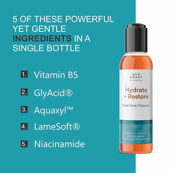 SUN COAST SCIENCES - Hydrate + Restore Total Face Cleanser, Vitamina B, Hydrating Facial Cleanser With Niacinamide for All Skin Types - 4 fl oz-FemmiqueWomen