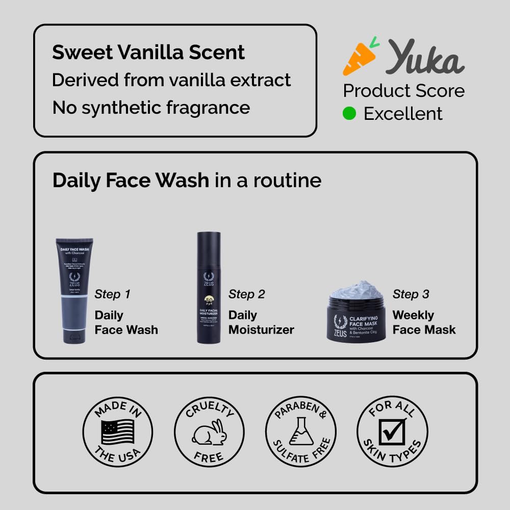 ZEUS Charcoal Face Wash for Men | Daily Facial Cleanser for Oily Skin, Blackhead Removal, & Deep Pore Cleansing | Detoxifying & Exfoliating | Made in USA-FemmiqueWomen