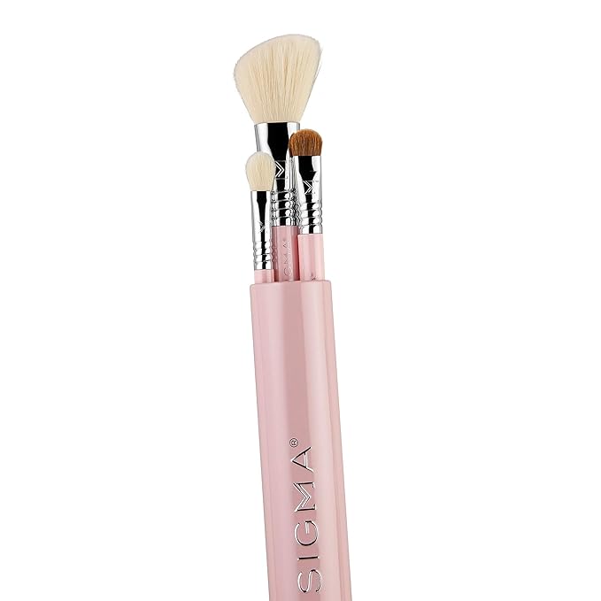 Sigma Beauty Travel Essential Trio - Makeup Brush Set for Foundation Powder Eyeshadow - 3 Tool Brushes with Brush Tin Holder - - Skin Safe, Vegan Makeup Brushes for Travel - Light Pink-FemmiqueWomen