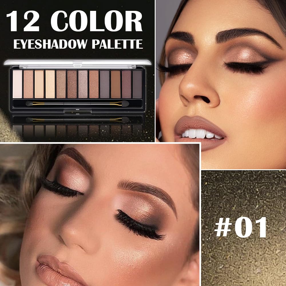 12 Colors Eyeshadow Palette – Neutral Warm Tone Matte & Glitter Eye Makeup Palette, High Pigment Waterproof Eyeshadow Kit for Women – Blendable Natural Brown, Nude, Rose Gold Shimmer Makeup 01#-FemmiqueWomen