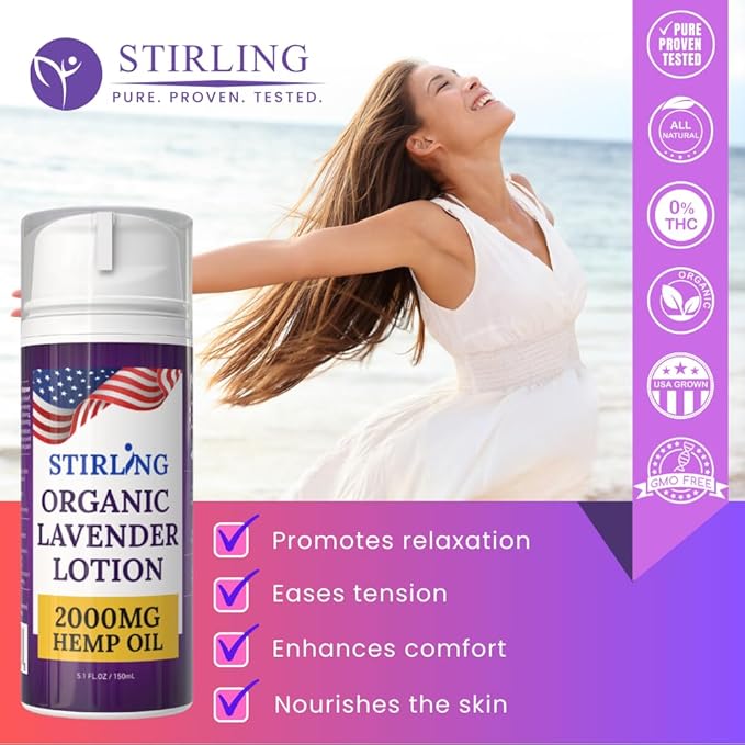 STIRLING Lavender Lotion – Organic Lavender with 2000mg Hemp Oil, Aloe Vera, and Vitamin E – Nourishing and Moisturizing Body Lotion for a Soft and Smooth Feel-FemmiqueWomen