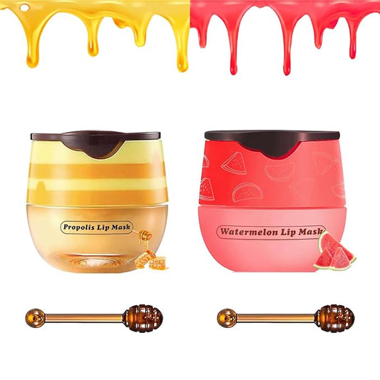 2 PCS Bee Lip Balm Honey Pot, Honey Watermelon Bee Lip Balm Sleeping Lip Mask Overnight with Sticks, Honey Pot Lip Balm Hydrating Exfoliating Prevention Dry and Crack Lip Scrubs-FemmiqueWomen
