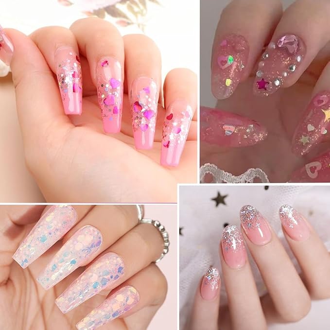 12 Grids Star Nail Art Glitter Sequins Heart Shaped Mermaid Nail Sequins Holographic Mermaid Nail Flakes Sticker Sequin Heart Nail Art Glitter for Women DIY Acrylic Nail Decoration-FemmiqueWomen
