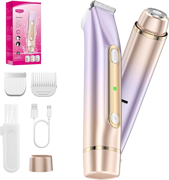 2 in 1 Bikini Trimmer for Women, Dual Head Electric Razor, IPX7 Waterproof Wet/Dry Use Women Electric Shaver, Painless Body Facial Hair Remover for Bikini Legs Arm Underarm, (Purple)-FemmiqueWomen