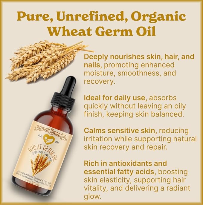 Natural Born Oils Wheat Germ Oil. 4oz. 100% Pure, Natural, Organic, Cold-pressed, Unrefined, Rejuvenating, Rich in Vitamin E. Moisturizer for Skin Hair-FemmiqueWomen