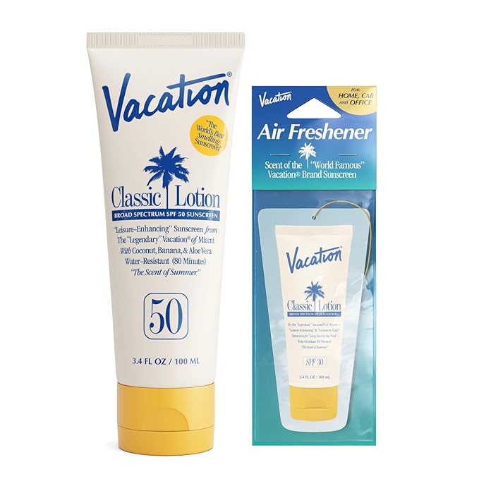 Vacation Classic Sunscreen Lotion SPF 50 & Air Freshener Bundle, Water-Resistant, Lightweight, Transparent on All Skin Tones, Dermatologist-Tested, Vegan, Travel Size, 3.4 Fl. Oz.-FemmiqueWomen